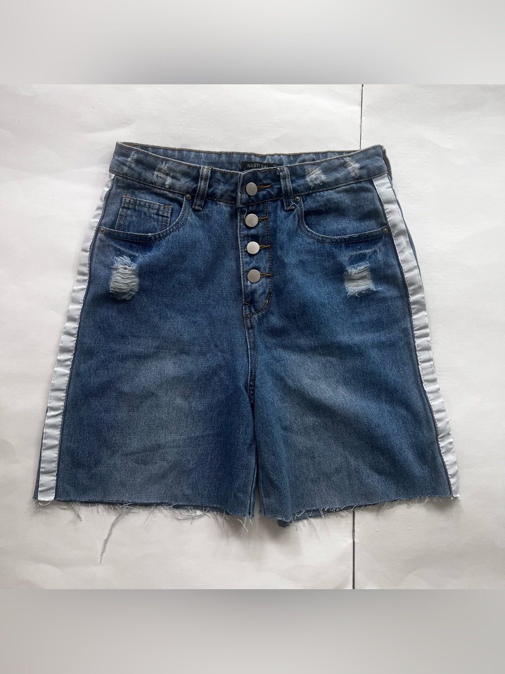 Nasty Gal Distressed Denim Jean Shorts Womens 6 High Rise Side Stripe Y2K Grunge